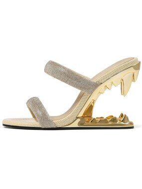 Women's Gold Strappy Heel Round Open Toe Heel Metallic Shark Tiger Teeth Sandal